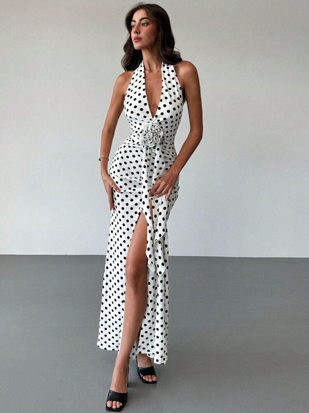 SHEIN Polka Dot Halter Maxi Dress with Rosette Accent - Size M (US 6)